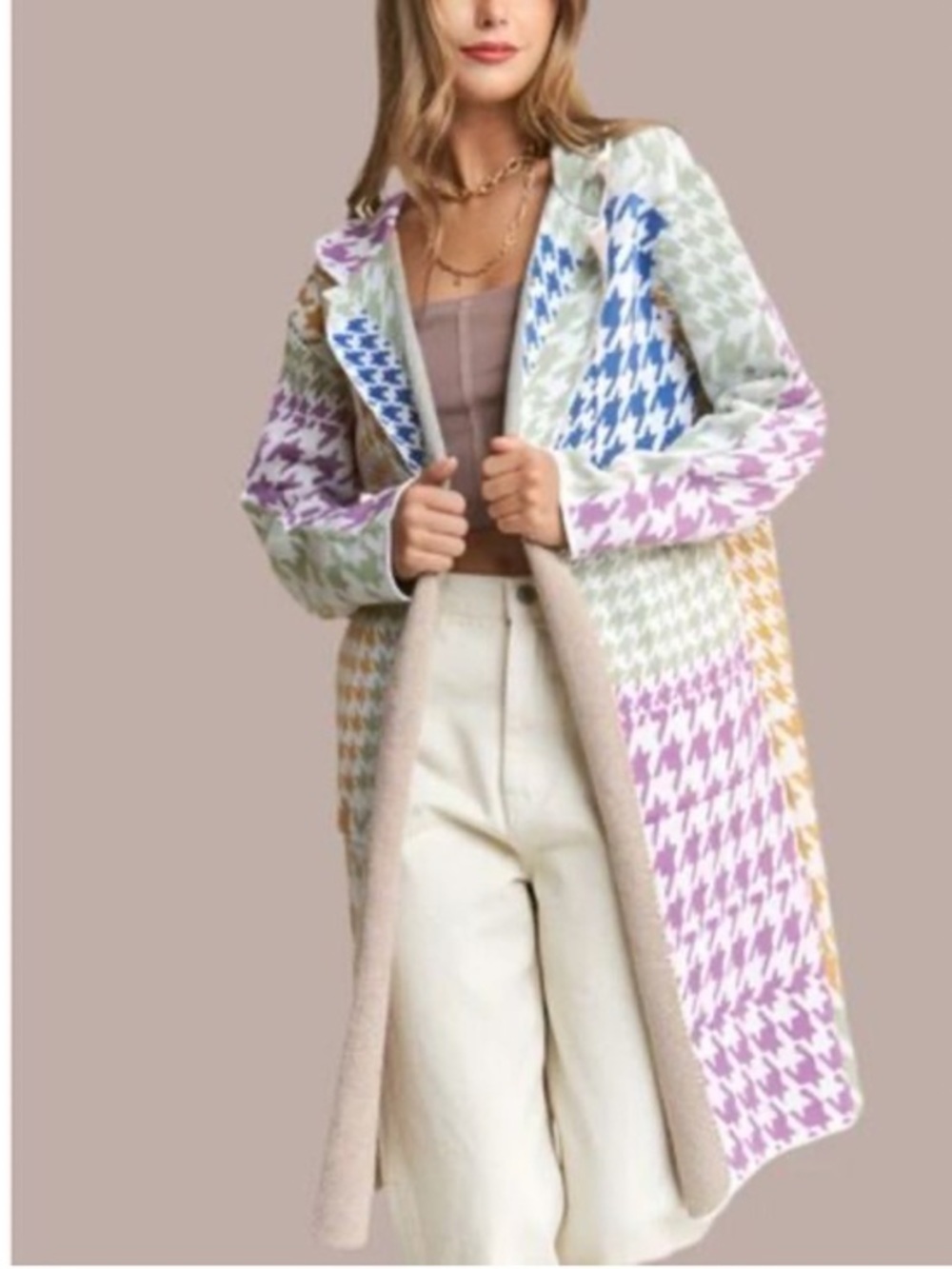 Open-Front Houndstooth Knit Cardigan in Green, Purple & Gold
